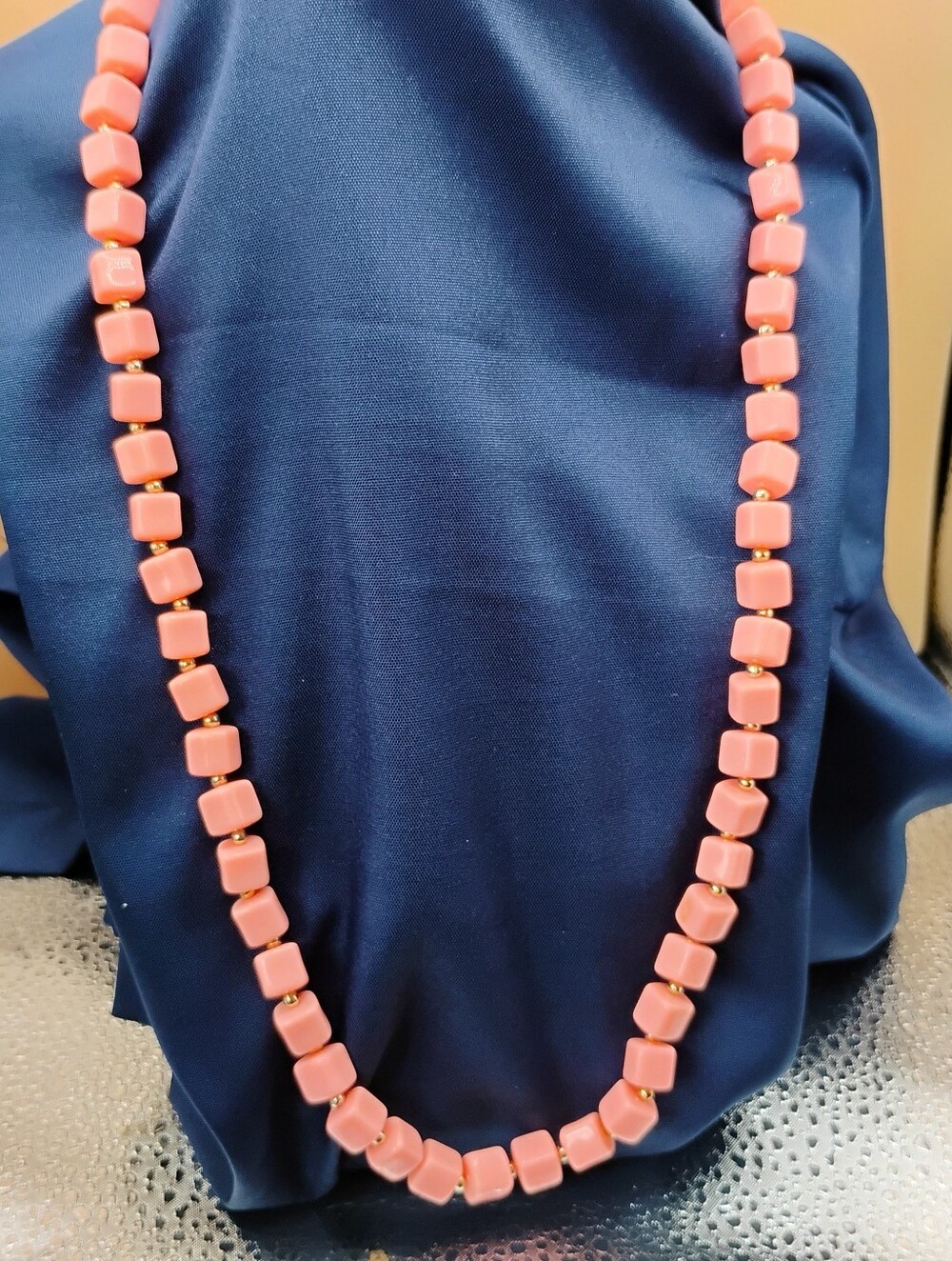 Vintage, Soft Pink, Square Acrylic Beaded Necklace Gold colored Spacers, 23 In,